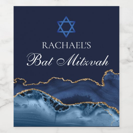 Navy Blue Gold Agate Custom Bat Mitzvah Party Weinetikett (Einzelnes Label)