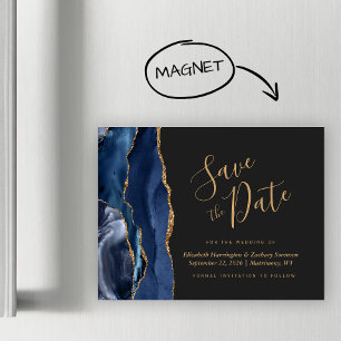 Navy Blue Gold Agate Dark Magnetic Save the Date Magnetkarte