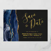 Navy Blue Gold Agate Dark Save the Date Folieneinladung (Vorderseite)