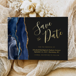 Navy Blue Gold Agate Dark Save the Date Folieneinladung