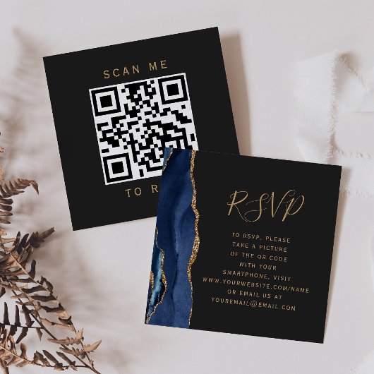Navy Blue Gold Agate Dark Wedding QR Code UAWG Begleitkarte