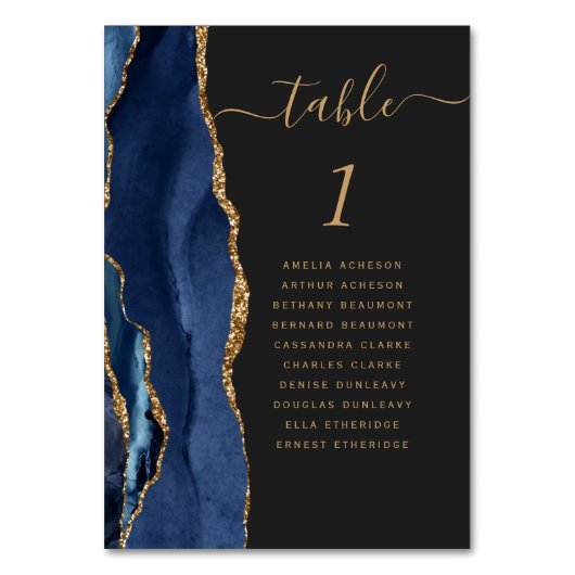 Navy Blue Gold Agate Dark Wedding Tischnummer (Vorderseite)