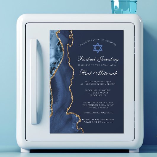 Navy Blue Gold Agate Elegant Bat Mitzvah Party Magneteinladung