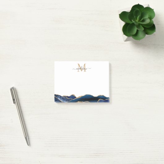 Navy Blue Gold Agate Feminine Chic Script Monogram Post-it Klebezettel (Büro)