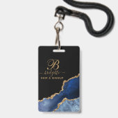 Navy Blue Gold Agate Geode Makeup Artist Monogram Ausweis (Vorderseite mit Lanyard)