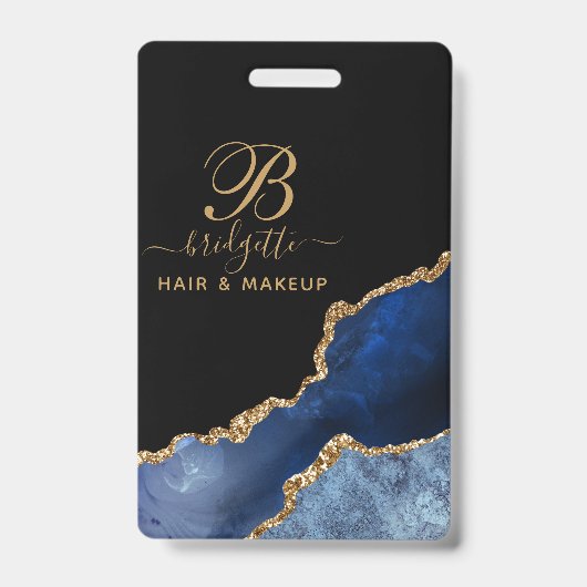 Navy Blue Gold Agate Geode Makeup Artist Monogram Ausweis (Vorderseite)