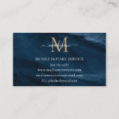 Navy Blue Gold Agate Geode Monogram Notary Public Visitenkarte (Rückseite)
