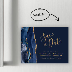 Navy Blue Gold Agate Magnetic Save the Date Magnetkarte
