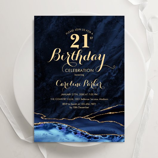 Navy Blue Gold Agate Marble 21. Geburtstag Einladung