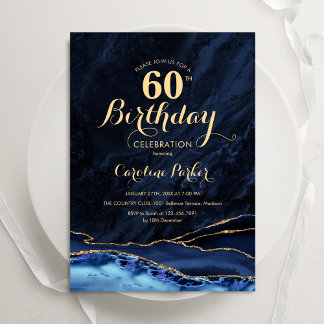 Navy Blue Gold Agate Marble 60. Geburtstag Einladung