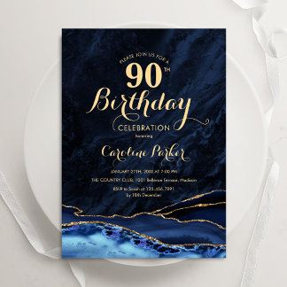 Navy Blue Gold Agate Marble 90. Geburtstag Einladung