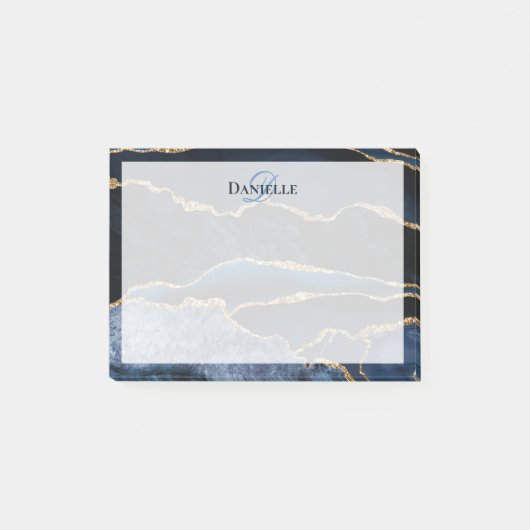 Navy Blue Gold Agate Marble Modernes Monogramm Post-it Klebezettel (Vorderseite)