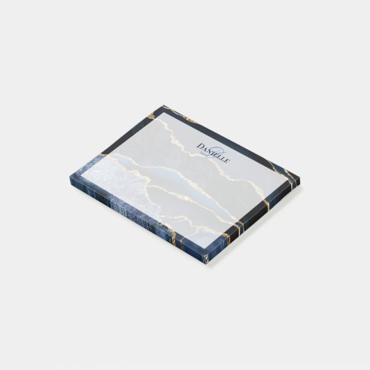 Navy Blue Gold Agate Marble Modernes Monogramm Post-it Klebezettel (angewinkelt)