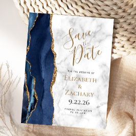 Navy Blue Gold Agate Marble Save the Date Ankündigungspostkarte