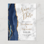 Navy Blue Gold Agate Marble Save the Date Ankündigungspostkarte (Vorderseite)