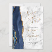 Navy Blue Gold Agate Marble Save the Date Card Einladung (Vorderseite)