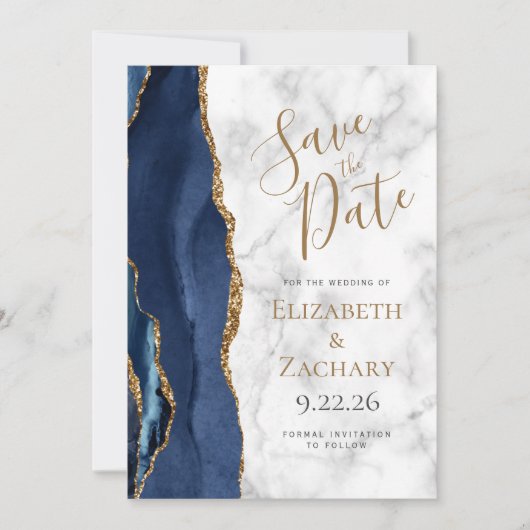 Navy Blue Gold Agate Marble Save the Date Card Einladung (Vorderseite)