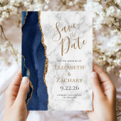 Navy Blue Gold Agate Marble Save the Date Card Einladung