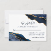 Navy Blue Gold Agate Marble Wedding Monogram RSVP Karte (Vorderseite)