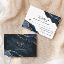 Navy Blue Gold Agate Marble Wedding Monogram