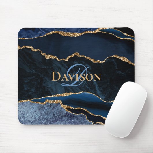 Navy Blue Gold Agate Monogram Elegant Mousepad (Mit Mouse)