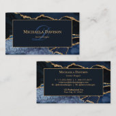 Navy Blue Gold Agate Monogram Elegant Visitenkarte (Vorne/Hinten)
