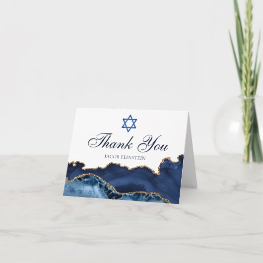 Navy Blue Gold Agate Personalisiert Bar Mitzvah Dankeskarte (Vorderseite)