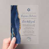 Navy Blue Gold Agate QR Code Bar Mitzvah Acryleinladungen (Insitu (Handheld))