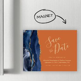 Navy Blue Gold Agate Rust Magnetic Save the Date Magnetkarte
