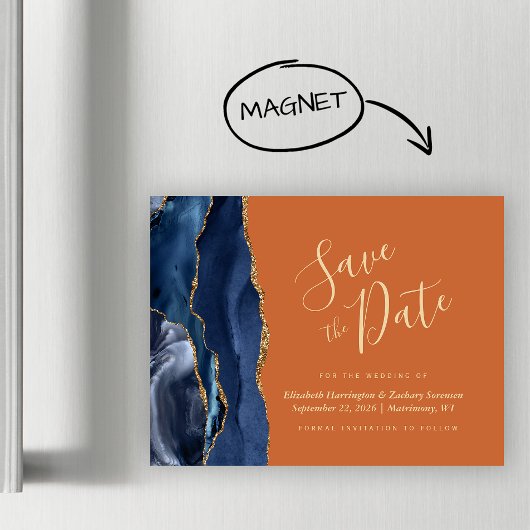 Navy Blue Gold Agate Rust Magnetic Save the Date Magnetkarte