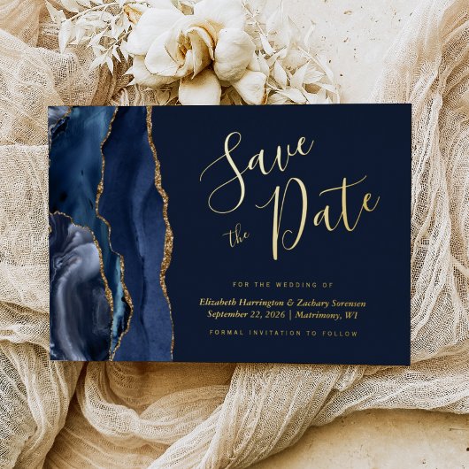 Navy Blue Gold Agate Save the Date Folieneinladung