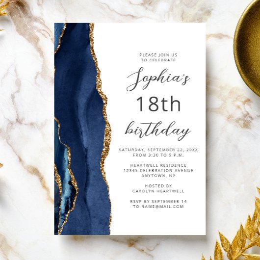Navy Blue Gold Agate Script 18th Birthday Einladung