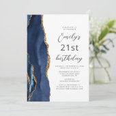 Navy Blue Gold Agate Script 21. Geburtstag Einladung (Stehend Vorderseite)