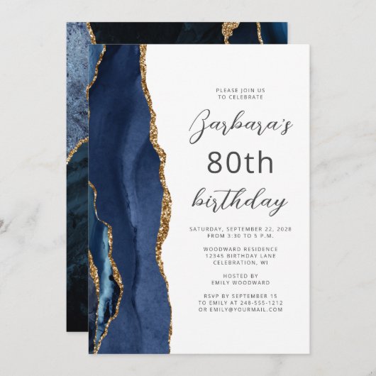 Navy Blue Gold Agate Script 80. Geburtstag Einladung (Vorne/Hinten)