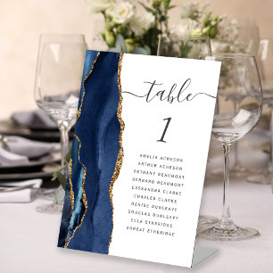 Navy Blue Gold Agate Script Hochzeitsschrift Tisch Sockelschild