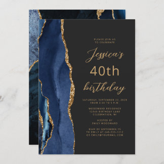 Navy Blue Gold Agate Slate Script 40. Geburtstag Einladung