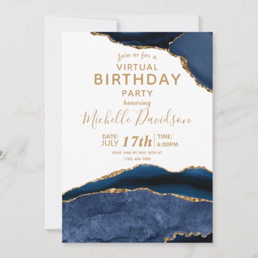 Navy Blue & Gold Agate Virtual Birthday Einladung (Vorderseite)
