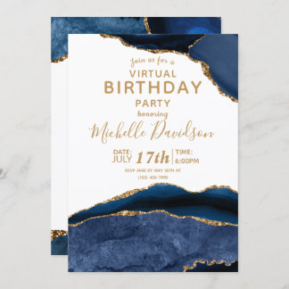 Navy Blue & Gold Agate Virtual Birthday Einladung
