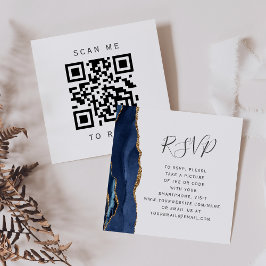Navy Blue Gold Agate Wedding QR Code UAWG Begleitkarte
