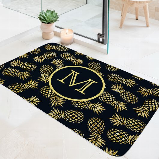 Navy Blue Gold Ananas Muster Monogram Badematte