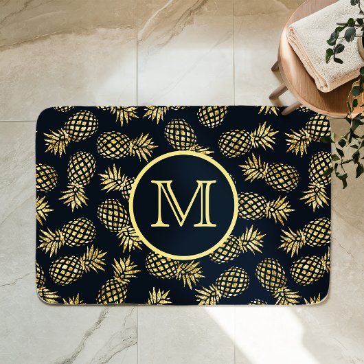 Navy Blue Gold Ananas Muster Monogram Badematte