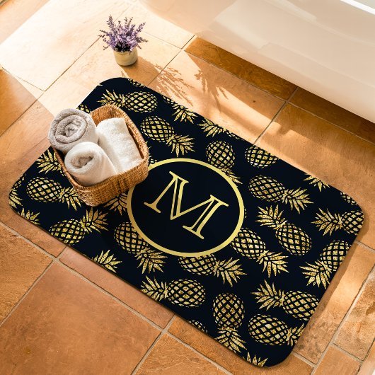 Navy Blue Gold Ananas Muster Monogram Badematte