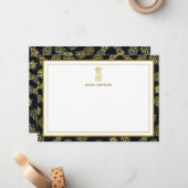 Navy Blue Gold Ananas Muster Monogram Mitteilungskarte (Vorderseite/Rückseite Beispiel)