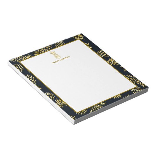 Navy Blue Gold Ananas Muster Monogram Notizblock (angewinkelt)