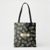 Navy Blue Gold Ananas Muster Monogram Tasche (Vorderseite)