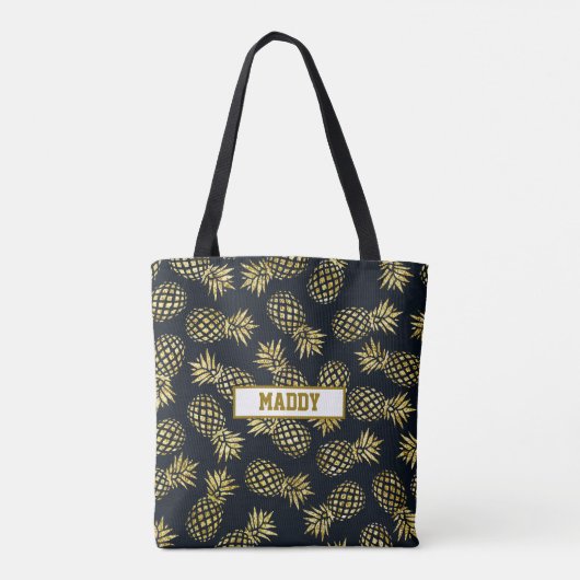 Navy Blue Gold Ananas Muster Monogram Tasche (Rückseite)