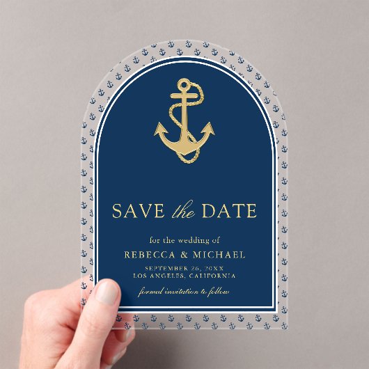 Navy Blue Gold Anchor Hochzeit speichern das Datum Acryleinladungen (Insitu (Handheld))