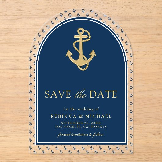 Navy Blue Gold Anchor Hochzeit speichern das Datum Acryleinladungen (Vorderseite)