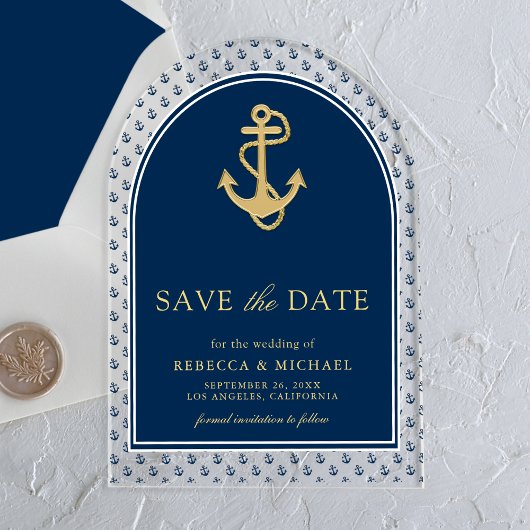 Navy Blue Gold Anchor Hochzeit speichern das Datum Acryleinladungen