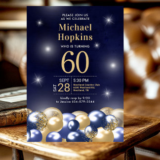 Navy Blue Gold Balloons 60. Geburtstagsparty Einladung